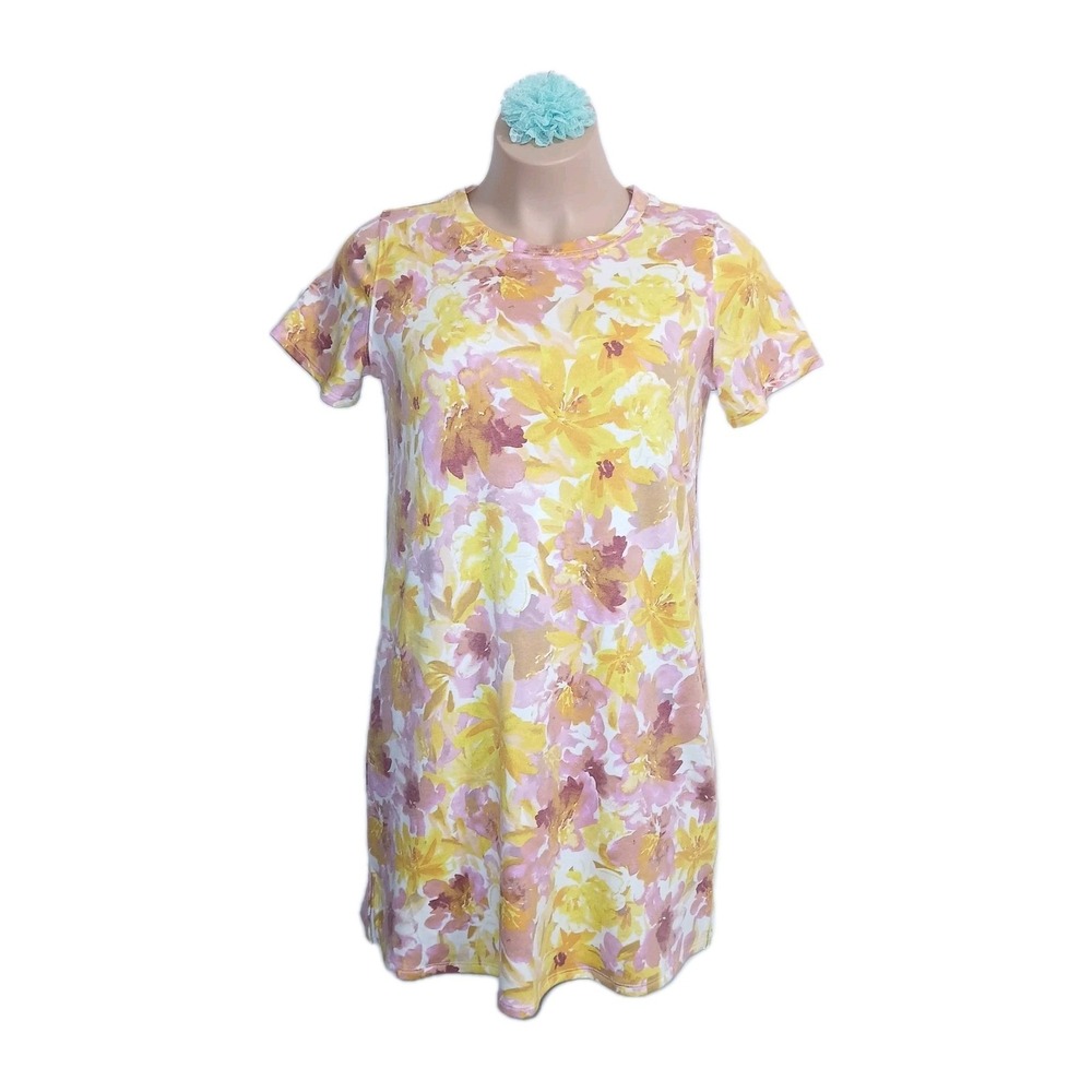 Greige Women TShirt Dress Large Yellow Pink Floral Casual Pastel Botanical Beach